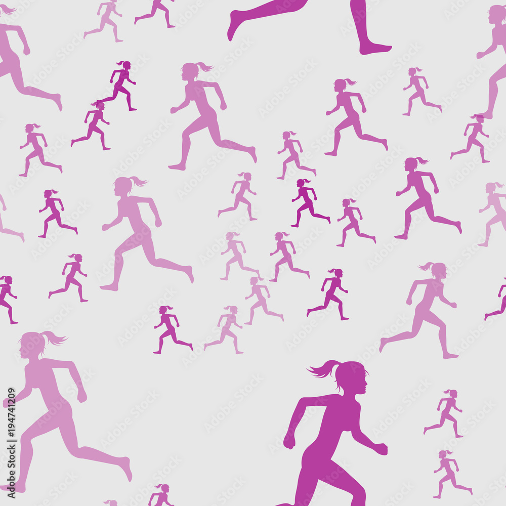 Colored silhouette of a running gir. Run, sport, active people. Seamless pattern.