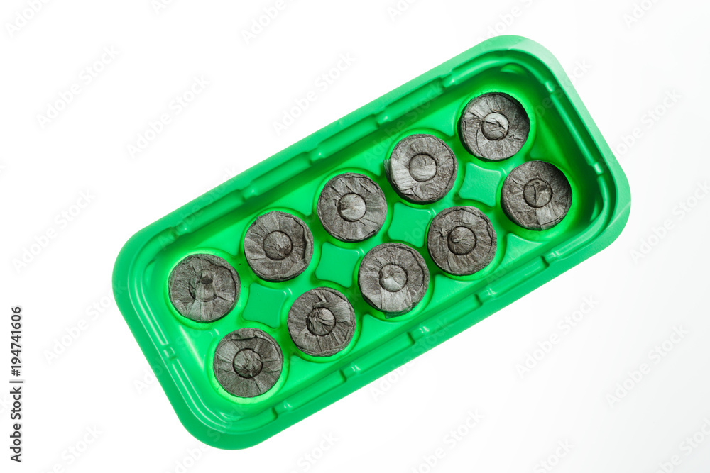 Round peat moss pellets for seedlings on green plastic tray,isolated on white Round peat moss pellets for seedlings on green plastic tray,isolated on white