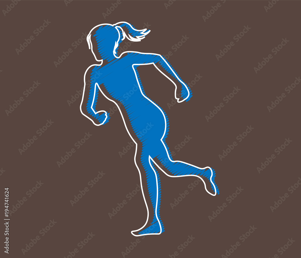  Colored silhouette of a running gir. Run, sport, active people