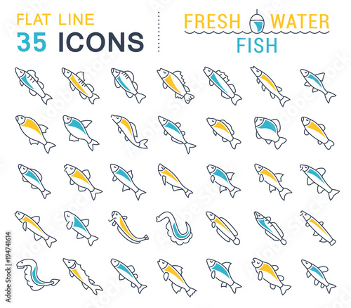 Set Vector Line Icons of Freshwater Fish