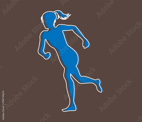  Colored silhouette of a running gir. Run, sport, active people