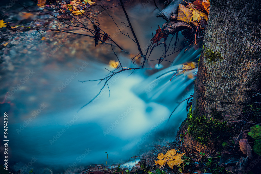 Blue waterfall under the tree in the forest at autumn season