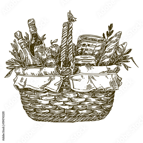 Picnic basket with food. Engraving style. Vector illustration.