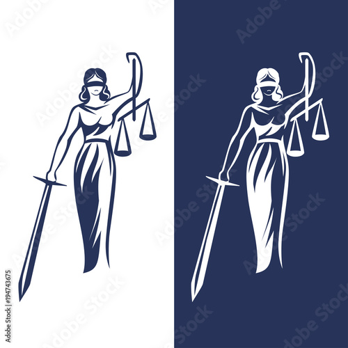 lady justice statue. Justice Goddess Themis, lady justice Femida. Stylized contour vector. Blind woman holding scales and sword.   photo