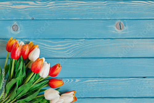 Букет тюльпанов на голубом деревянном фоне