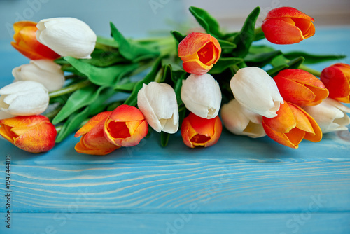 Fototapeta Naklejka Na Ścianę i Meble -  Букет тюльпанов на голубом деревянном фоне