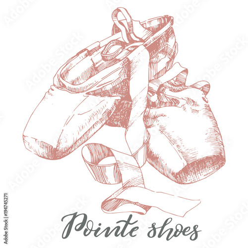 Illustration, hand drawn  pair of well-worn ballet pointes shoes
