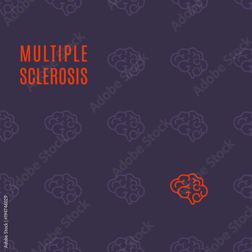 Multiple sclerosis awareness medical poster with healthy brains and one affected by the illness. Side view body anatomy sign. Solidarity day concept. Vector illustration on purple background.
