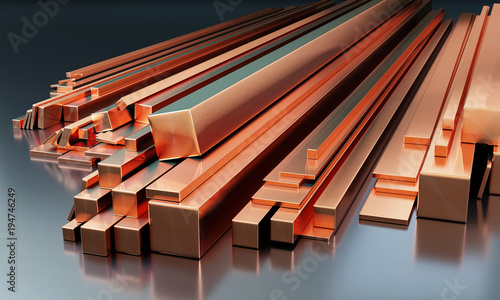 Stack of copper bars on dark background with reflections on the ground. Different sizes - 3D illustration photo