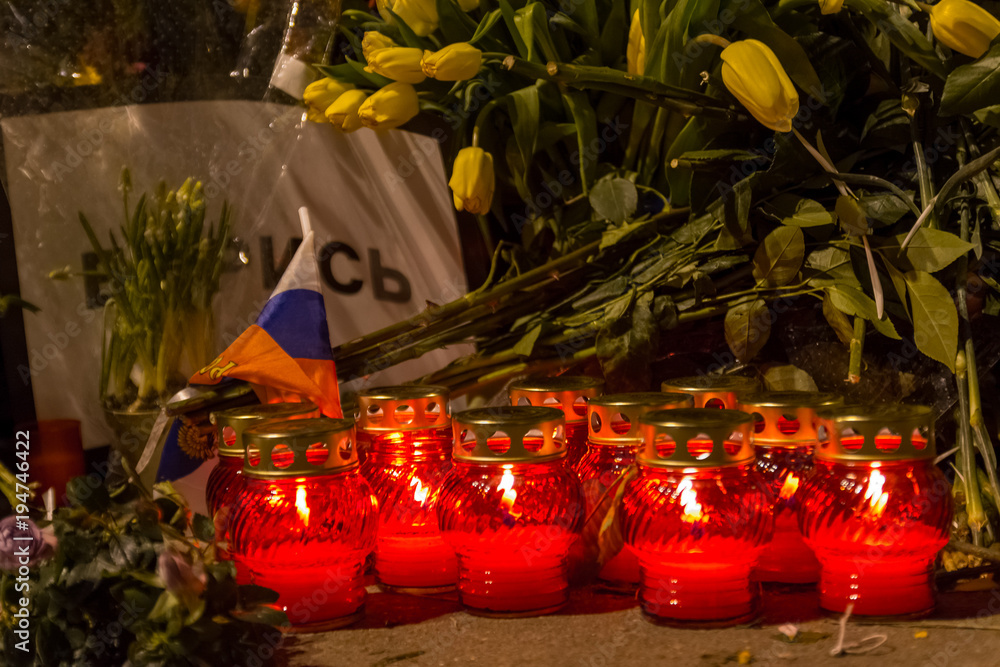 Fototapeta premium Memorial to Boris Nemtsov in the center of Moscow, Bolshoy Moskovretsky Bridge, Russia