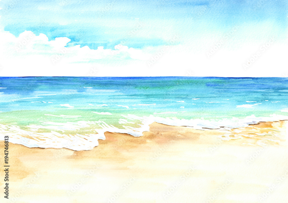 Naklejka premium Lato tropikalna plaża z złotym piaskiem i fala. Ręcznie rysowane akwarela ilustracja