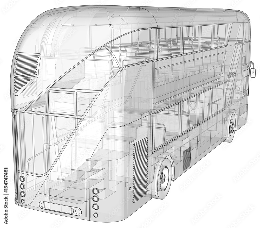 A double-decker bus, a translucent casing under which many interior