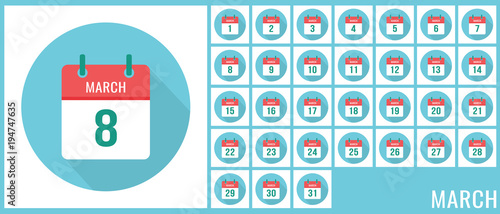 March 8. Calendar icon flat set