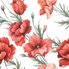 Acrylglasbilder Mohnblumenmuster Zarte Mohnblumen Aquarellillustration Muster  © adelveys
