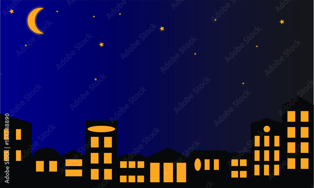 Night city skyline. Buildings silhouette with lights in the windows. Big city streets. Night sky with moon and stars. Vector illustration.
