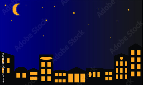 Night city skyline. Buildings silhouette with lights in the windows. Big city streets. Night sky with moon and stars. Vector illustration.