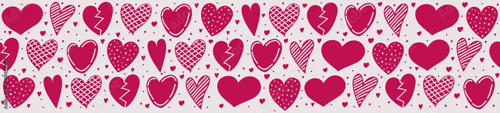 Panoramic banner with pink hand drawn hearts. Vector.