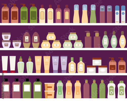 Shelves with colorful cosmetic products in plastic bottles. Seamless pattern. Flat style vector illustration. 
