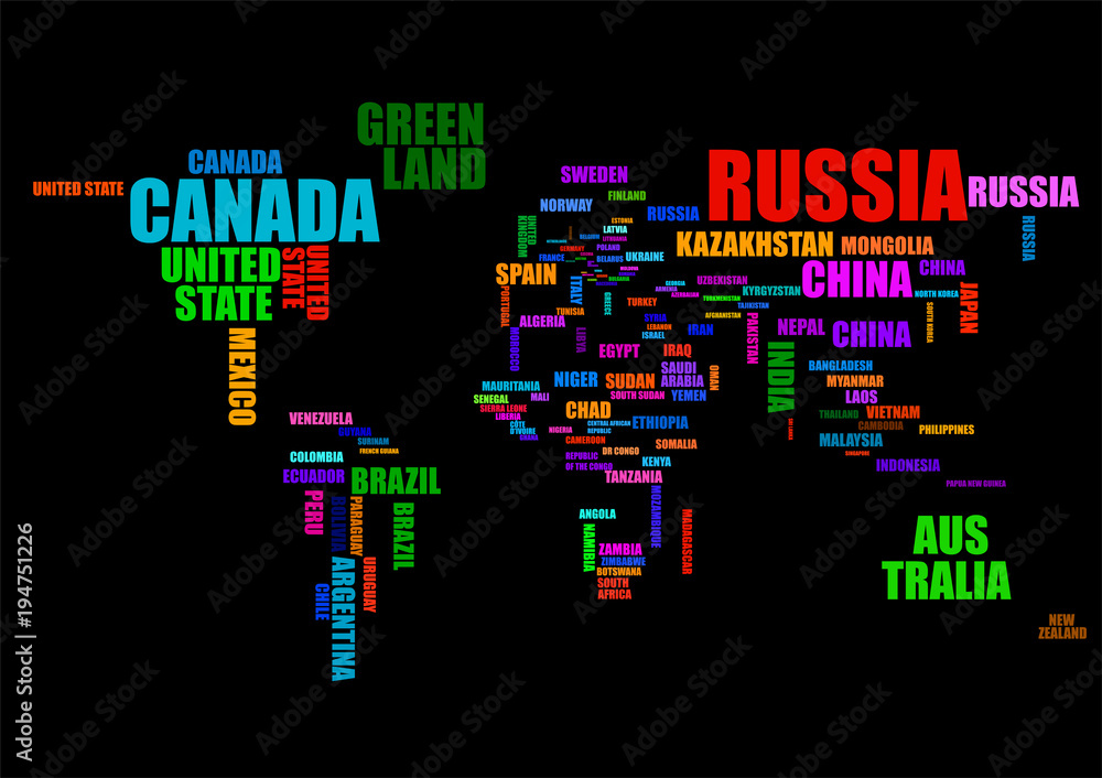 Typography colorful world map with country names. Vector