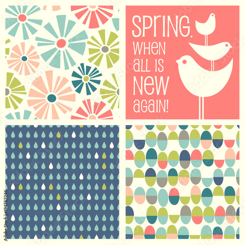 Set of Spring designs and seamless patterns
including floral, birds, Easter eggs, raindrops. Cheerful coordinating elements for 
banners, cards, backgrounds and decor.