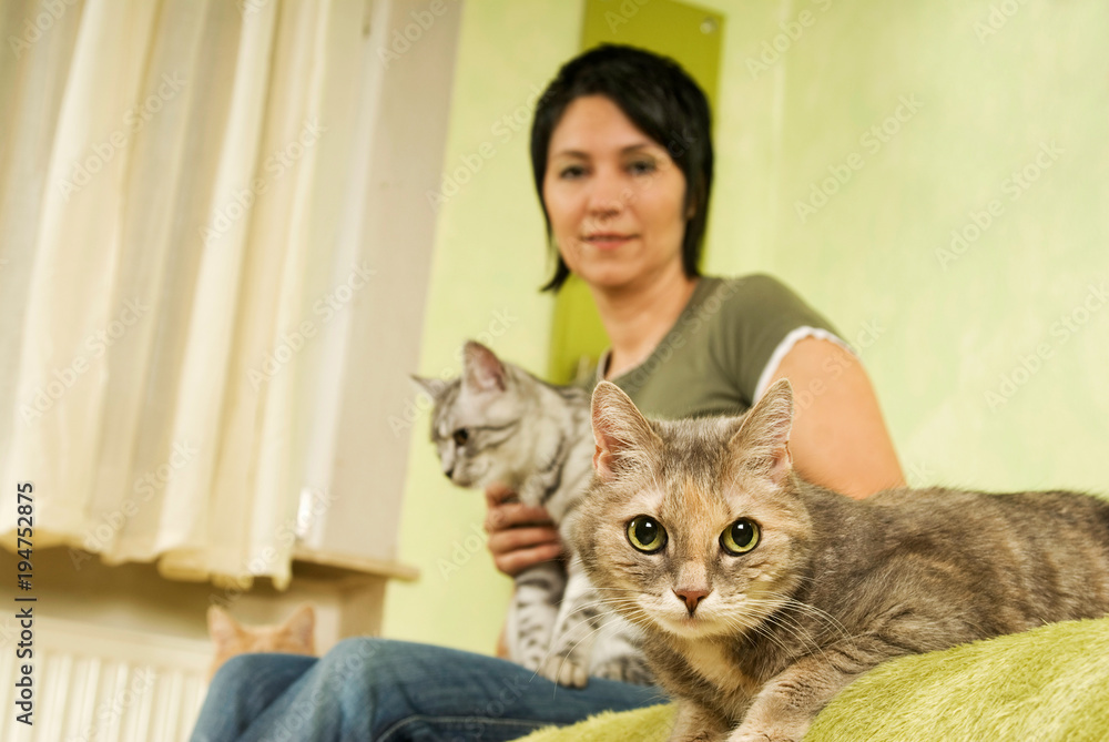 Frau sitzt mit Katzen auf dem Sofa