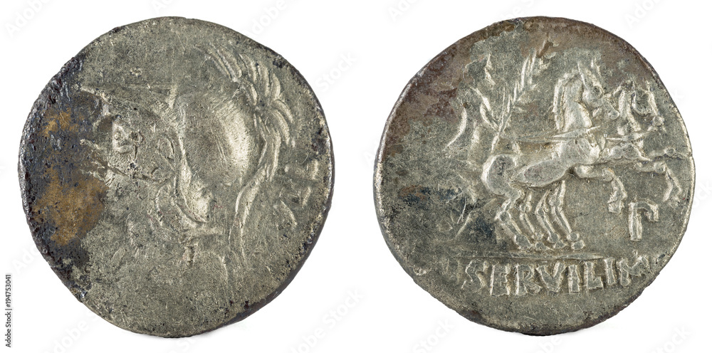 Fototapeta premium Roman Republic Coin. Ancient Roman silver denarius of the family Servilia.