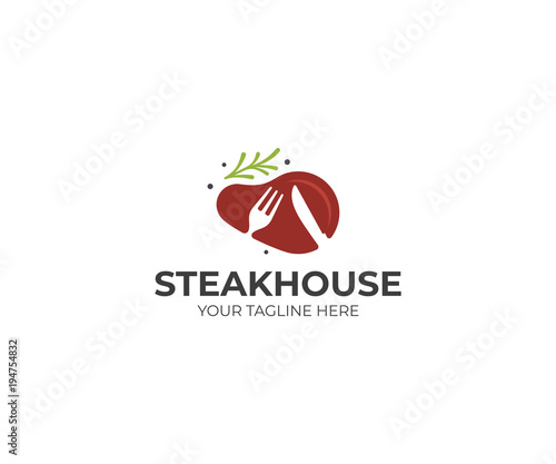 Steak with rosemary logo template. Steakhouse vector design. Beefsteak illustration