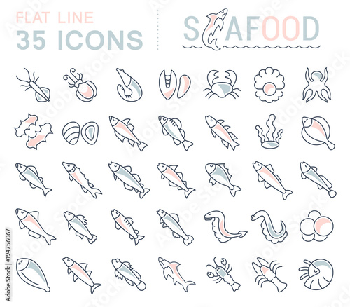 Set Vector Line Icons of Seafood