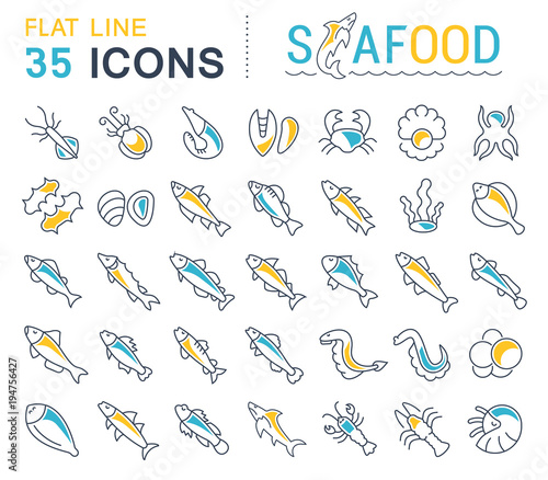 Set Vector Line Icons of Seafood