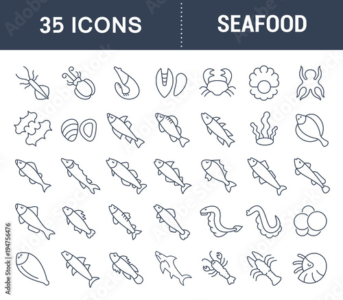 Set Vector Line Icons of Seafood