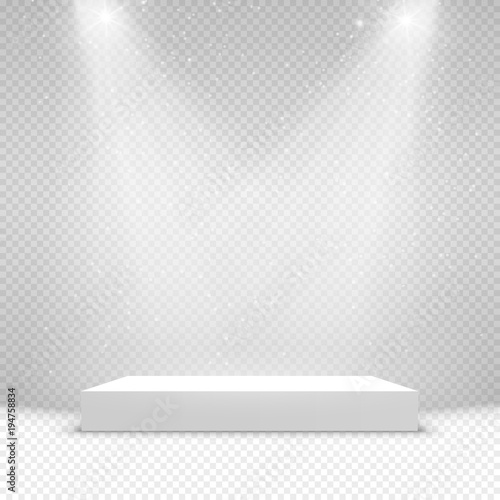 Illuminated podium background. Pedestal stage for presentation or show. Vector light scene design