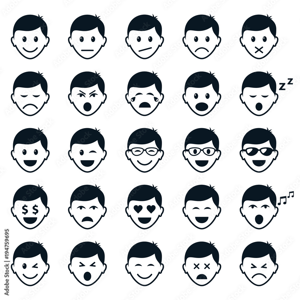 Man head with different emotions set, vector isolated smile mood collection Man head with different emotions set, vector isolated smile mood collection