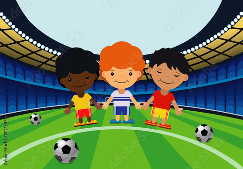 Children in the stadium play football. Vector. The cartoon. Flat style.