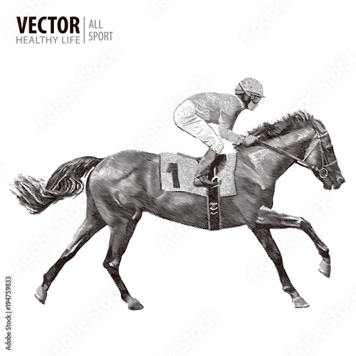 Jockey on horse. Champion. Horse racing. Hippodrome. Racetrack. Jump racetrack. Imitation of an ancient engraving. Vector illustration.