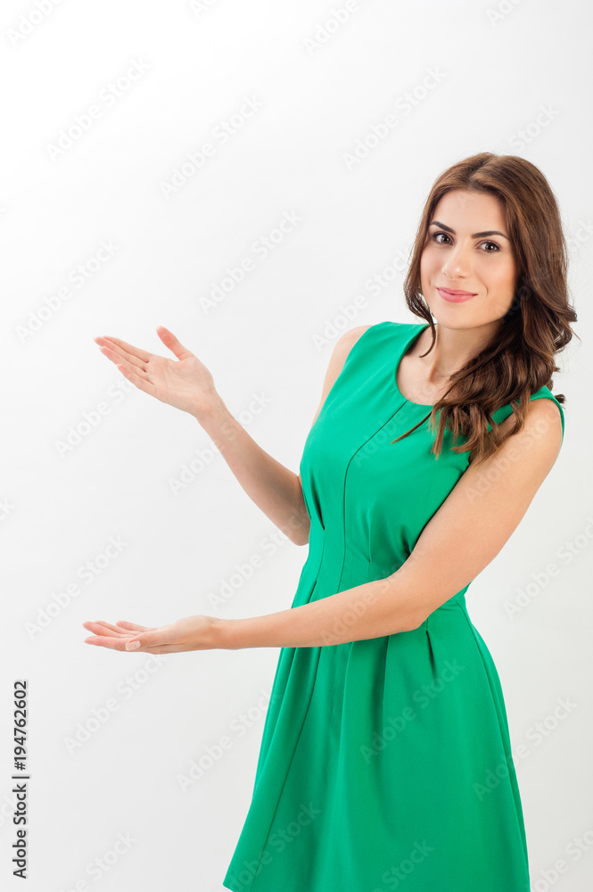 Business woman presenting a copyspace. Isolated on white background. Business woman presenting a copyspace. Isolated on white background.