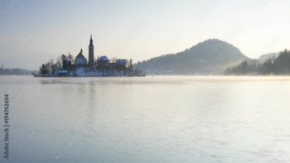 Time lapse of Bled lake with church, sunrise Time lapse of Bled lake with church, sunrise
