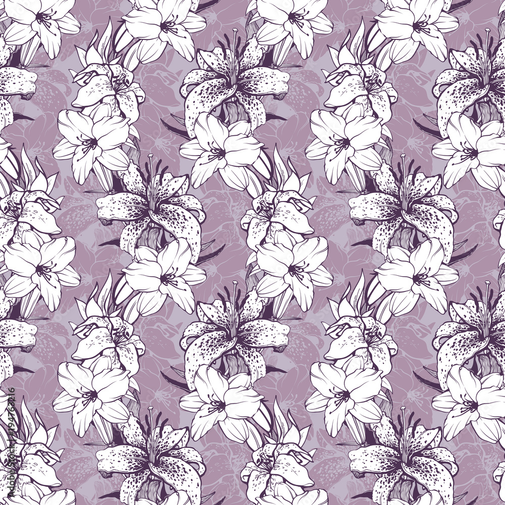 Obraz premium Seamless background with lilies. Floral linear pattern.