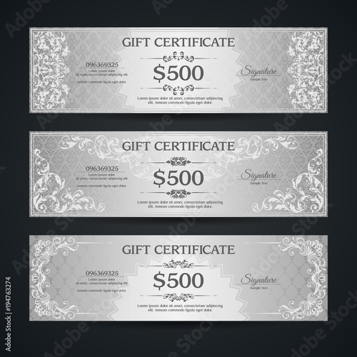 Silver gift certificate banners set VIP Vintage ornamental template with damask pattern and decorative frame.