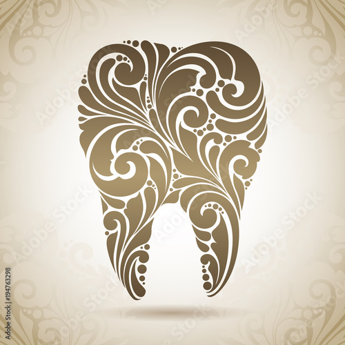 Ornamental tooth. Decorative medical icon on a background with pattern