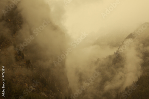 Scenic view of foggy morning rocks covered by pine tree forest. Himalaya mountains. Annapurna circuit trekking route. Nepal.