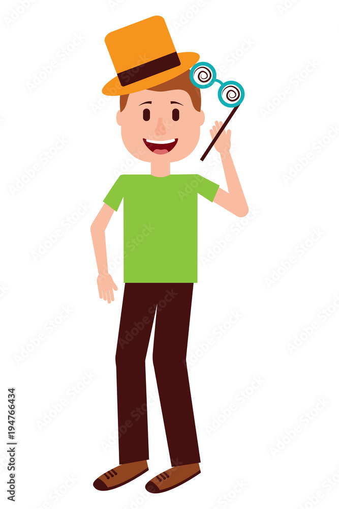 young man standing crazy glasses and hat humor vector illustration