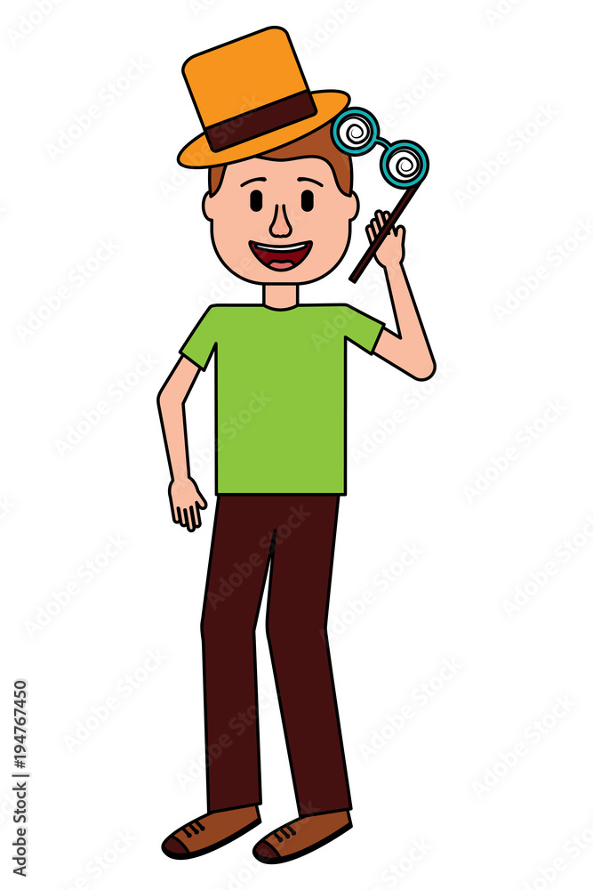 young man standing crazy glasses and hat humor vector illustration