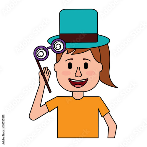 funny smile woman with silly glasses and hat vector illustration
