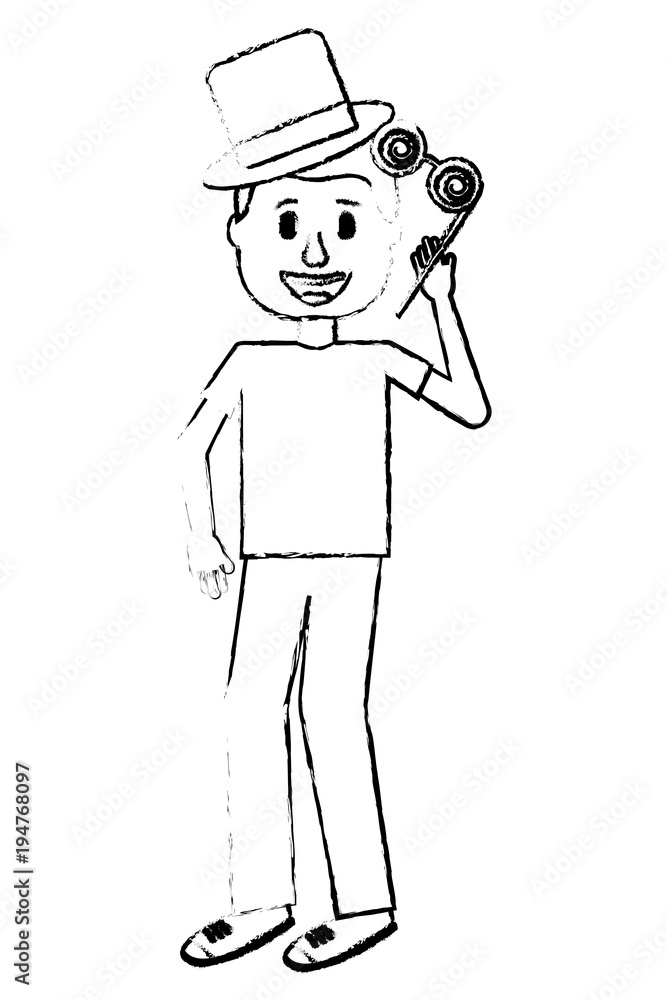 Obraz premium young man standing crazy glasses and hat humor vector illustration sketch design
