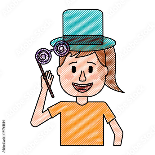 funny smile woman with silly glasses and hat vector illustration drawing design
