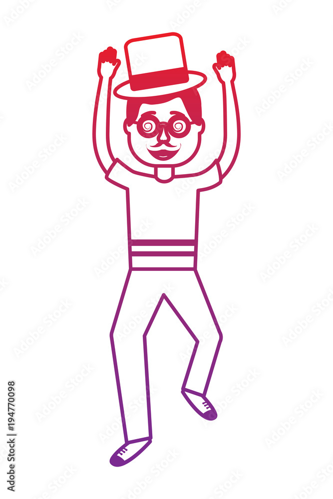 happy man standing wearing mask mustache glasses and hat vector illustration gradient color image