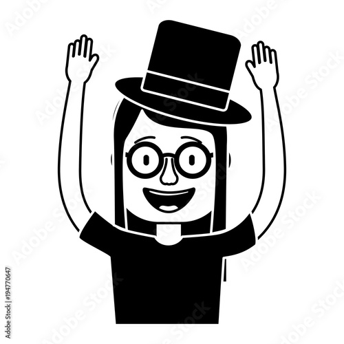 funny smile woman with silly glasses and hat vector illustration black and white design