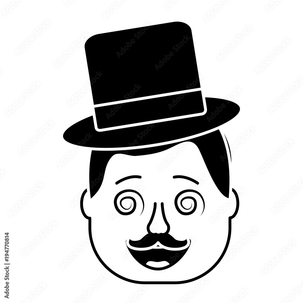 smiling face man with glasses jester hat and mustache vector illustration black and white design