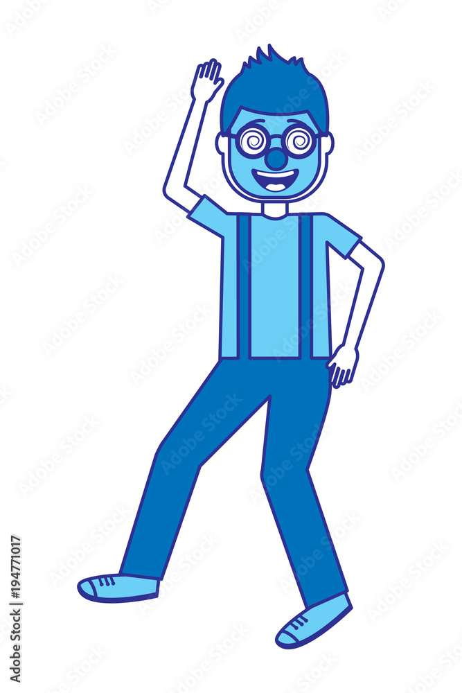 happy man with clown mask glasses and gloves vector illustration blue image design