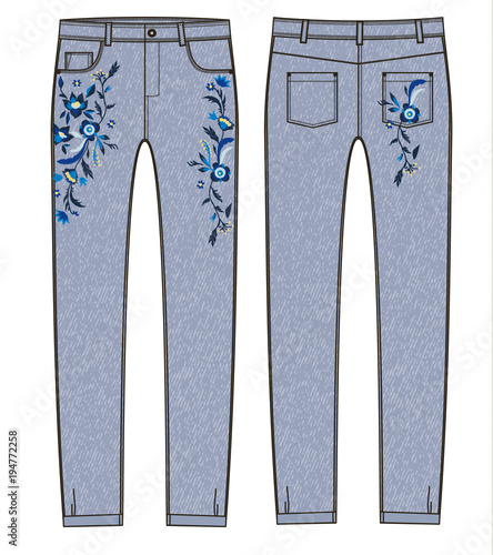 sketch of jeans with floral embroidery.